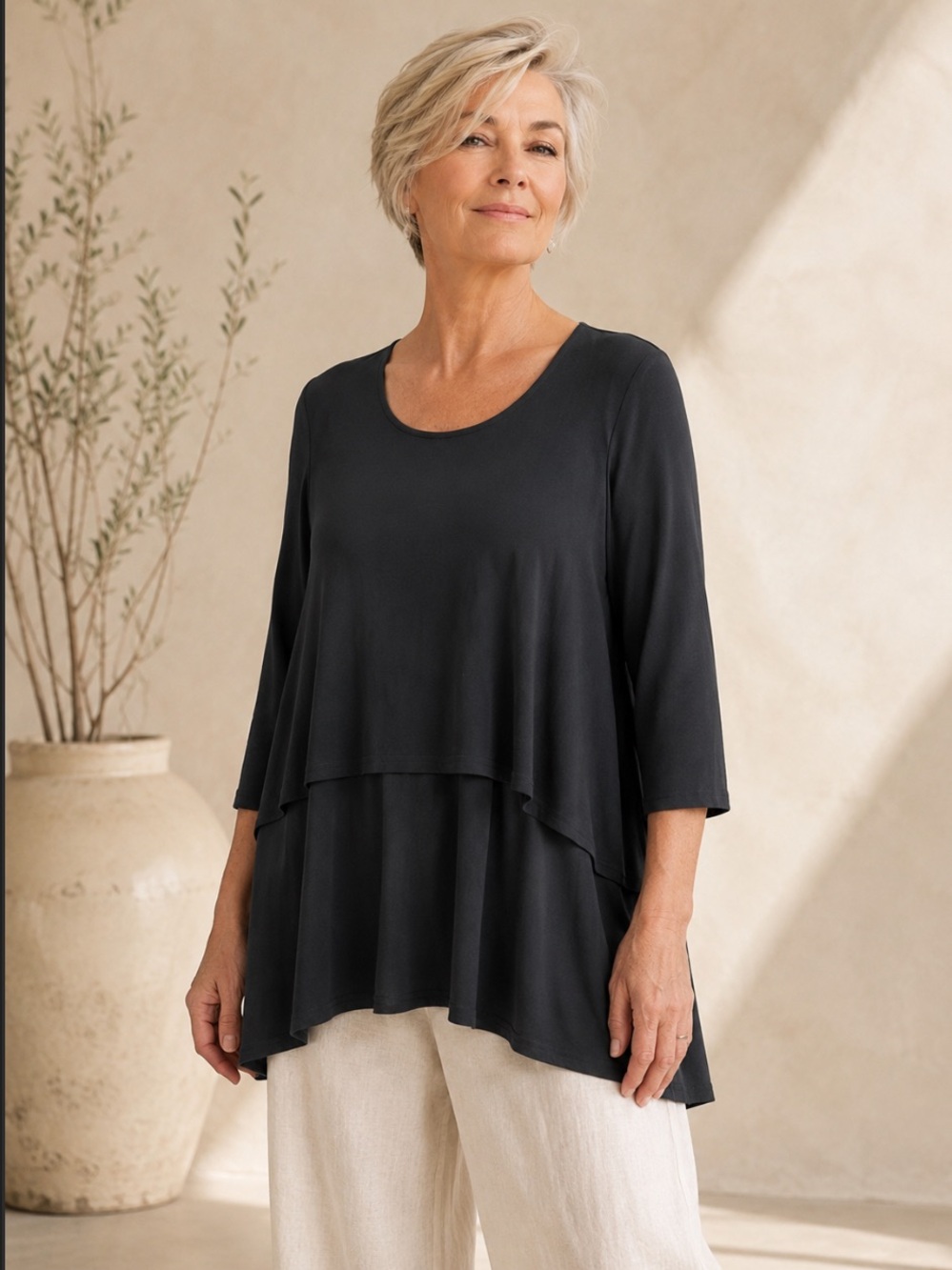 Sympli Black Layered Tunic Top 3/4 Sleeve Stretch Hi-Low Size 12 Made in Canada